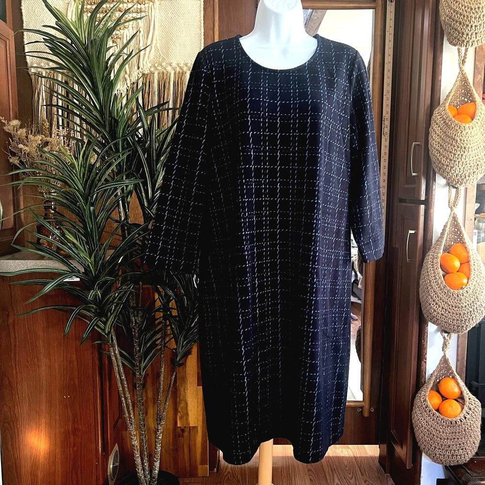 J Jill Knit Dress L Navy Blue Tunic Shift 3/4 Sleeve Casual Comfy Pockets Soft